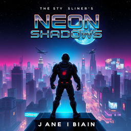 An imaginative book cover design featuring a futuristic city skyline at night, illuminated by neon lights and flying vehicles