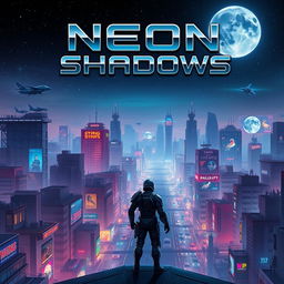 An imaginative book cover design featuring a futuristic city skyline at night, illuminated by neon lights and flying vehicles