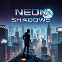 An imaginative book cover design featuring a futuristic city skyline at night, illuminated by neon lights and flying vehicles