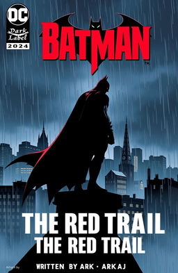 A comic book cover for 'Batman: The Red Trail' featuring a silhouette of Batman standing on a rooftop against a dark, stormy sky