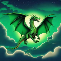 A grand 2D illustration of a vibrant green dragon soaring under the illumined night sky