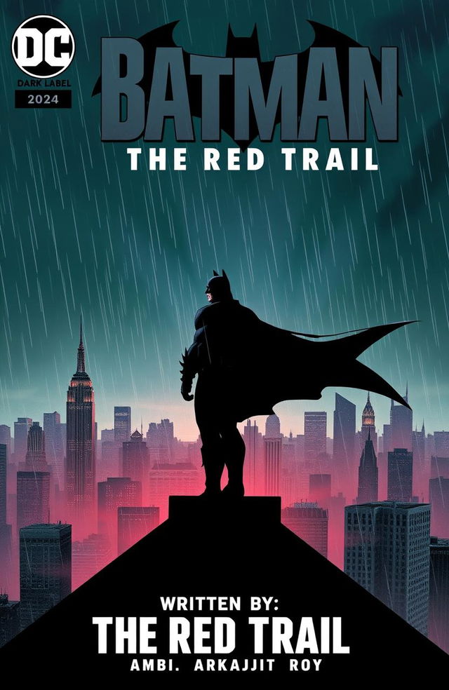 A comic book cover for 'Batman: The Red Trail' featuring a silhouette of Batman standing on a rooftop against a dark, stormy sky