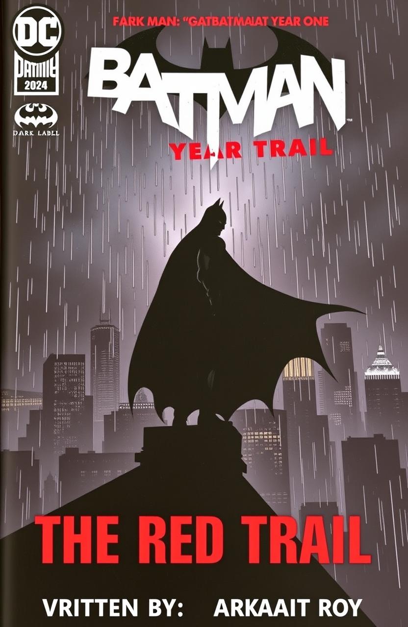 A comic book cover for 'Batman: The Red Trail' featuring a silhouette of Batman standing on a rooftop against a dark, stormy sky