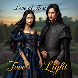 An enchanting book cover set in the 16th century, featuring a young upper class girl with flowing black hair, dressed in a stunning midnight blue gown adorned with intricate gold patterns