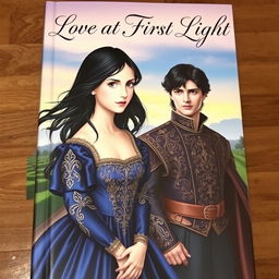 An enchanting book cover set in the 16th century, featuring a young upper class girl with flowing black hair, dressed in a stunning midnight blue gown adorned with intricate gold patterns