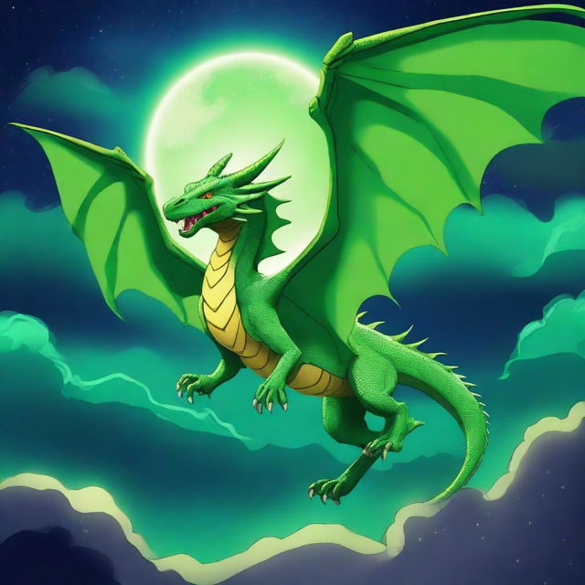 A grand 2D illustration of a vibrant green dragon soaring under the illumined night sky