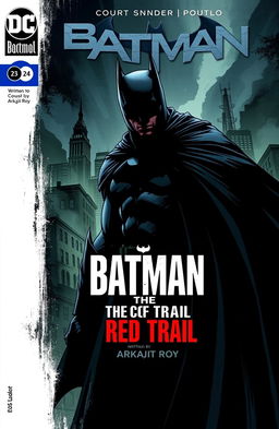 A dynamic comic book cover for 'Batman: The Red Trail', featuring Batman in a dark, moody Gotham City landscape
