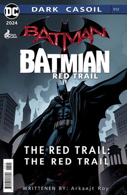 A dynamic comic book cover for 'Batman: The Red Trail', featuring Batman in a dark, moody Gotham City landscape