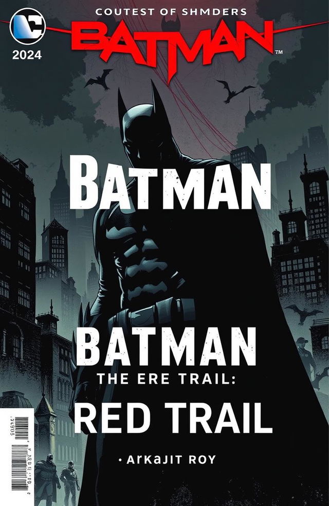 A dynamic comic book cover for 'Batman: The Red Trail', featuring Batman in a dark, moody Gotham City landscape