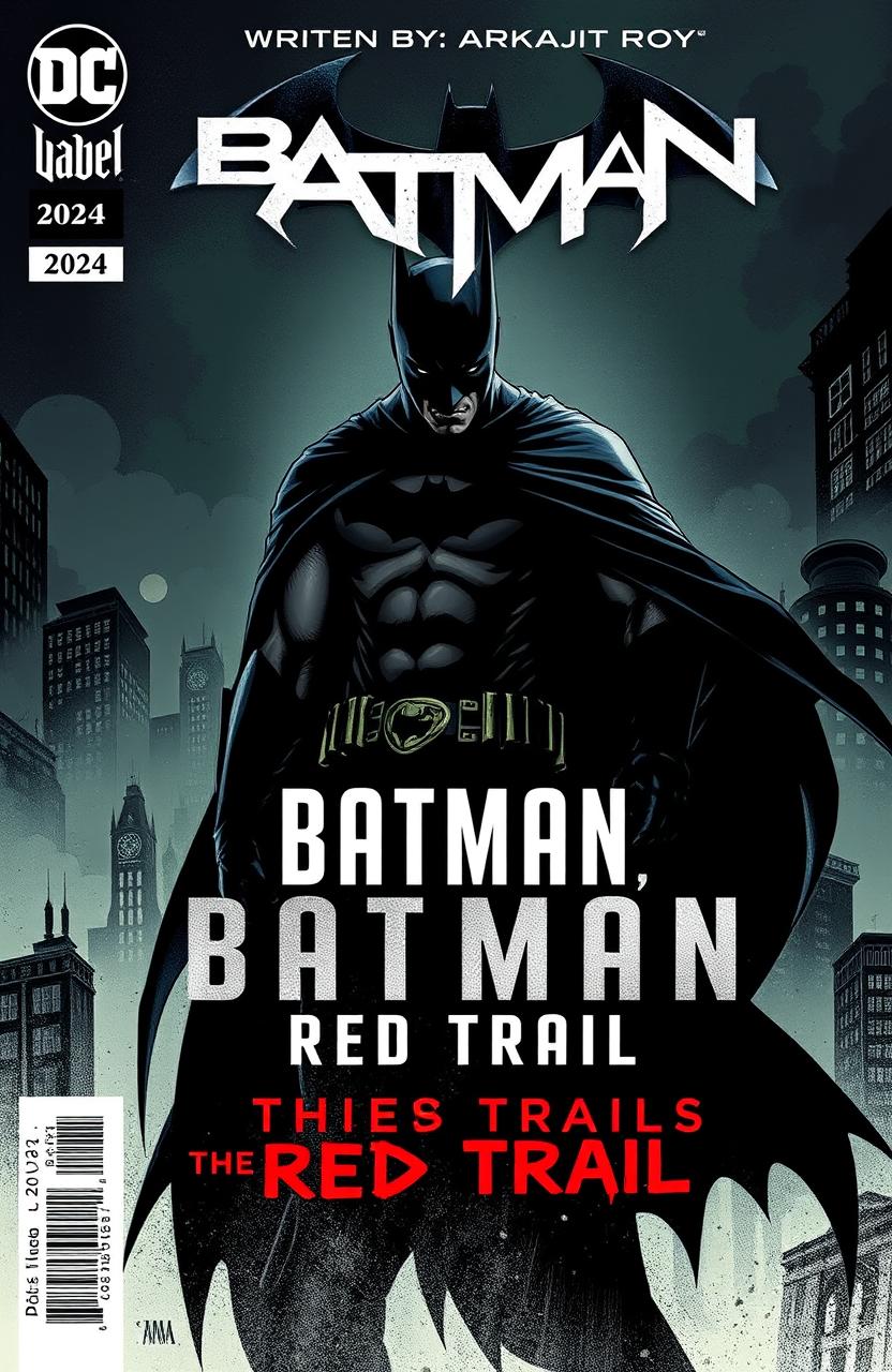 A dynamic comic book cover for 'Batman: The Red Trail', featuring Batman in a dark, moody Gotham City landscape