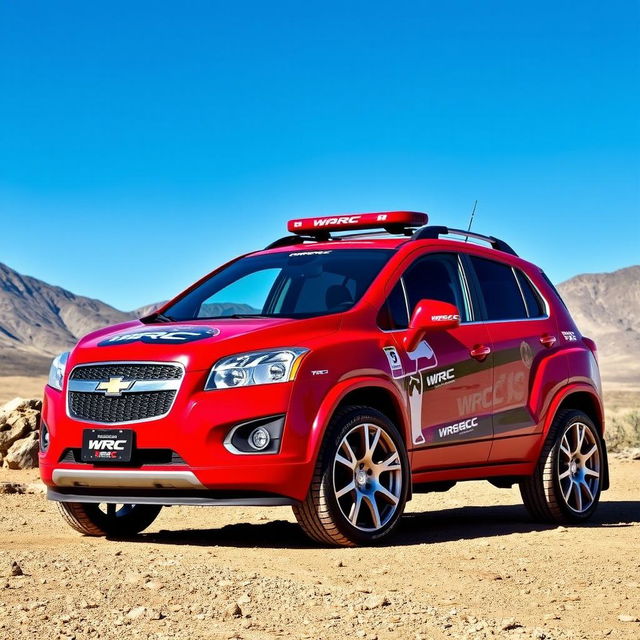 A striking red 2012 Chevy Trax, designed with a WRC (World Rally Championship) inspiration, featuring bold rally style wheels