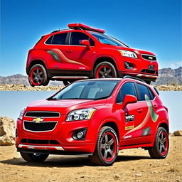 A striking red 2012 Chevy Trax, designed with a WRC (World Rally Championship) inspiration, featuring bold rally style wheels