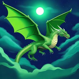 A grand 2D illustration of a vibrant green dragon soaring under the illumined night sky