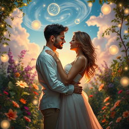 A romantic couple holding each other closely, gazing into each other's eyes, surrounded by a magical fantasy background