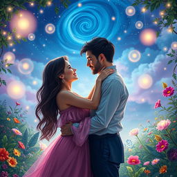 A romantic couple holding each other closely, gazing into each other's eyes, surrounded by a magical fantasy background