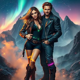 A badass couple holding each other confidently, exuding strength and love, set against a magical background