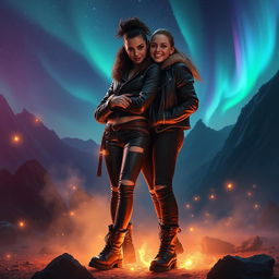 A badass couple holding each other confidently, exuding strength and love, set against a magical background