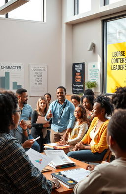 An inspiring scene depicting a diverse group of people engaged in a character and leadership development workshop