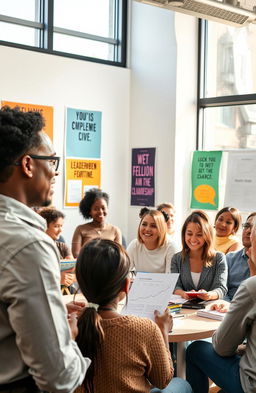 An inspiring scene depicting a diverse group of people engaged in a character and leadership development workshop