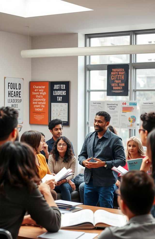 An inspiring scene depicting a diverse group of people engaged in a character and leadership development workshop