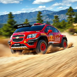 A dynamic and action-packed depiction of a red 2012 Chevy Trax transformed into a rally car, inspired by WRC (World Rally Championship) designs