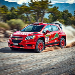 A dynamic and action-packed depiction of a red 2012 Chevy Trax transformed into a rally car, inspired by WRC (World Rally Championship) designs
