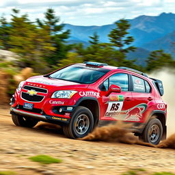 A dynamic and action-packed depiction of a red 2012 Chevy Trax transformed into a rally car, inspired by WRC (World Rally Championship) designs