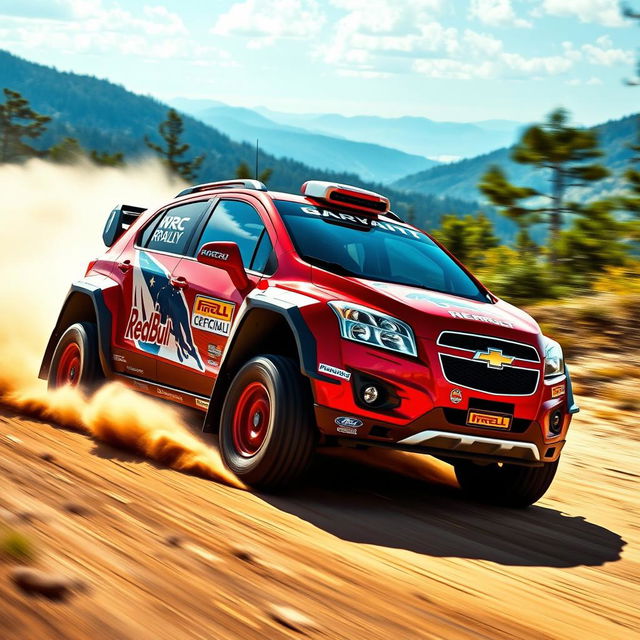 A dynamic and action-packed depiction of a red 2012 Chevy Trax transformed into a rally car, inspired by WRC (World Rally Championship) designs