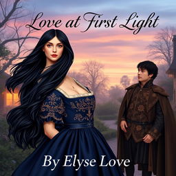 A beautifully designed book cover set in the 16th century, featuring a young upper class girl with long, flowing black hair wearing an elegant midnight blue dress adorned with intricate gold patterns