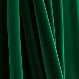 A luxurious close-up shot of rich, velvet emerald green drapery fabric elegantly cascading in soft folds