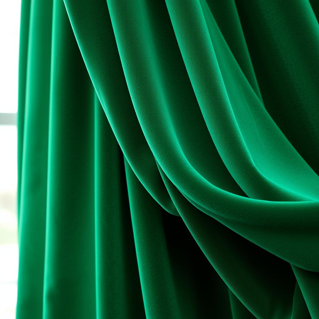 A luxurious close-up shot of rich, velvet emerald green drapery fabric elegantly cascading in soft folds