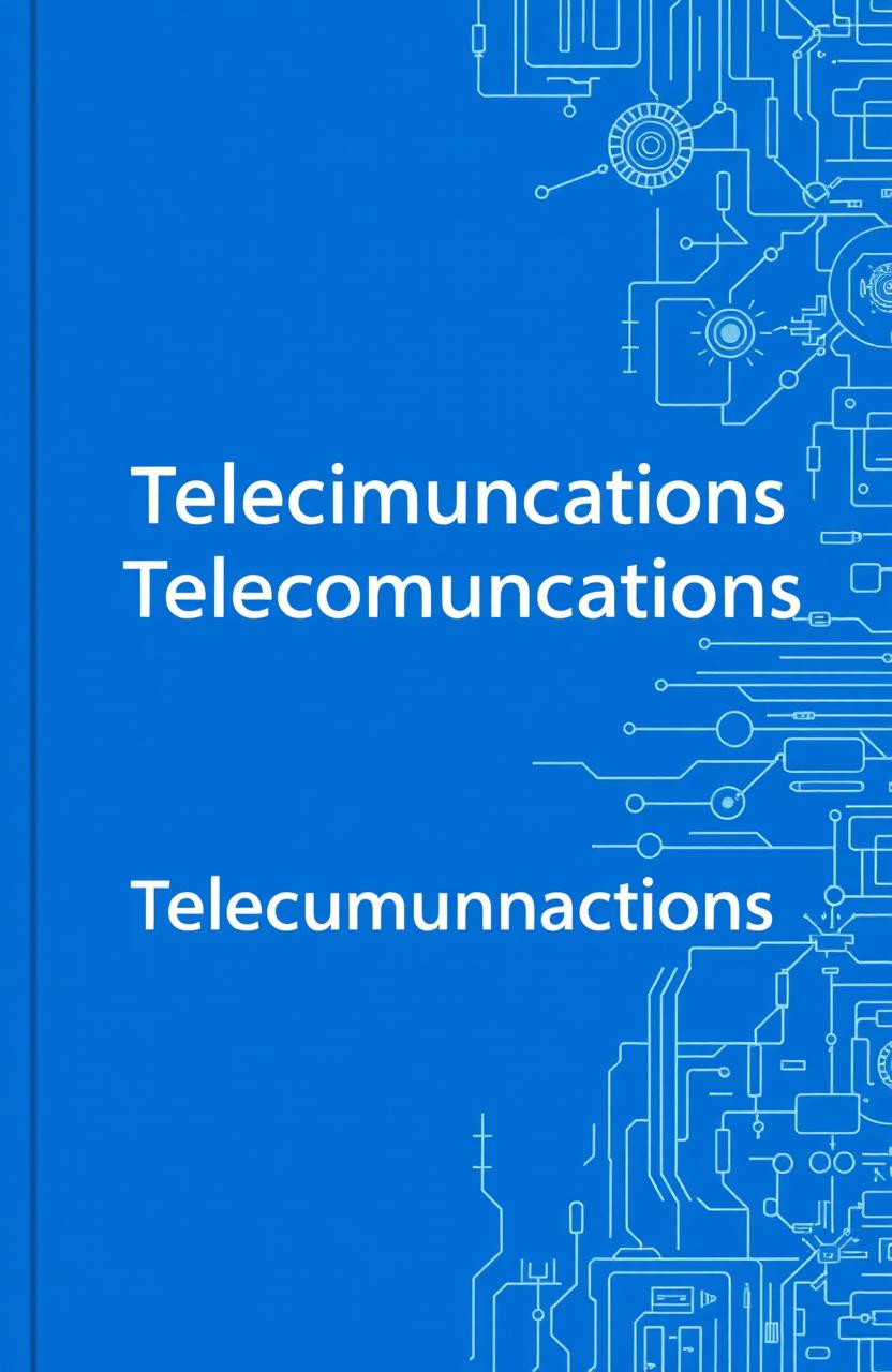 Book cover design for a telecommunications introductory textbook, featuring a vibrant blue color tone that is not overly plain but includes intricate patterns and designs