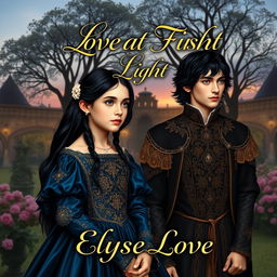 An exquisite book cover set in the 16th century, showcasing a young upper class girl with long black hair, dressed in a breathtaking midnight blue gown decorated with intricate gold patterns