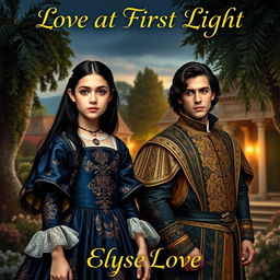 An exquisite book cover set in the 16th century, showcasing a young upper class girl with long black hair, dressed in a breathtaking midnight blue gown decorated with intricate gold patterns