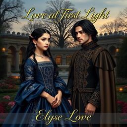 An exquisite book cover set in the 16th century, showcasing a young upper class girl with long black hair, dressed in a breathtaking midnight blue gown decorated with intricate gold patterns