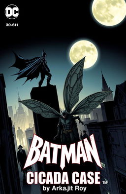 A dynamic comic book cover featuring a dark, brooding Batman standing atop a skyscraper in Gotham City at night, overlooking the cityscape with a full moon in the background