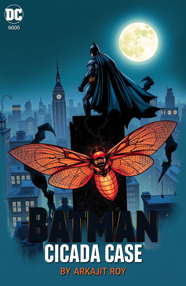 A dynamic comic book cover featuring a dark, brooding Batman standing atop a skyscraper in Gotham City at night, overlooking the cityscape with a full moon in the background