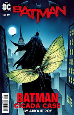 A dynamic comic book cover featuring a dark, brooding Batman standing atop a skyscraper in Gotham City at night, overlooking the cityscape with a full moon in the background
