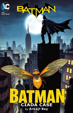 A dynamic comic book cover featuring a dark, brooding Batman standing atop a skyscraper in Gotham City at night, overlooking the cityscape with a full moon in the background