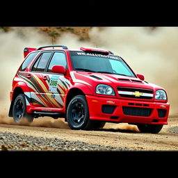 A stunning red 2005 Chevy Grand Vitara, transformed into a rally car inspired by World Rally Championship (WRC) designs