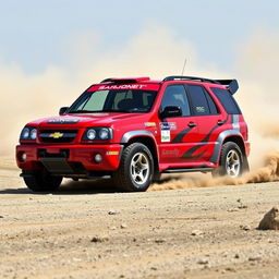 A stunning red 2005 Chevy Grand Vitara, transformed into a rally car inspired by World Rally Championship (WRC) designs