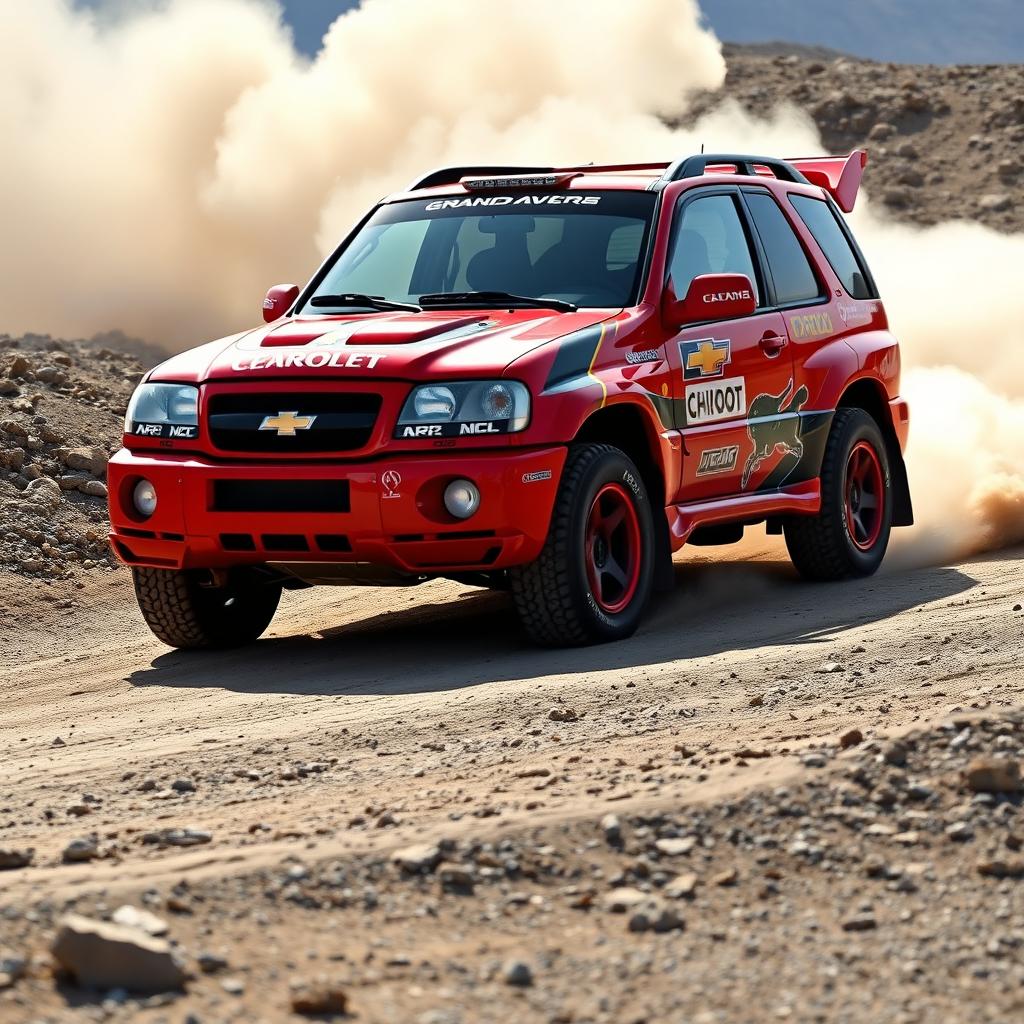 A stunning red 2005 Chevy Grand Vitara, transformed into a rally car inspired by World Rally Championship (WRC) designs