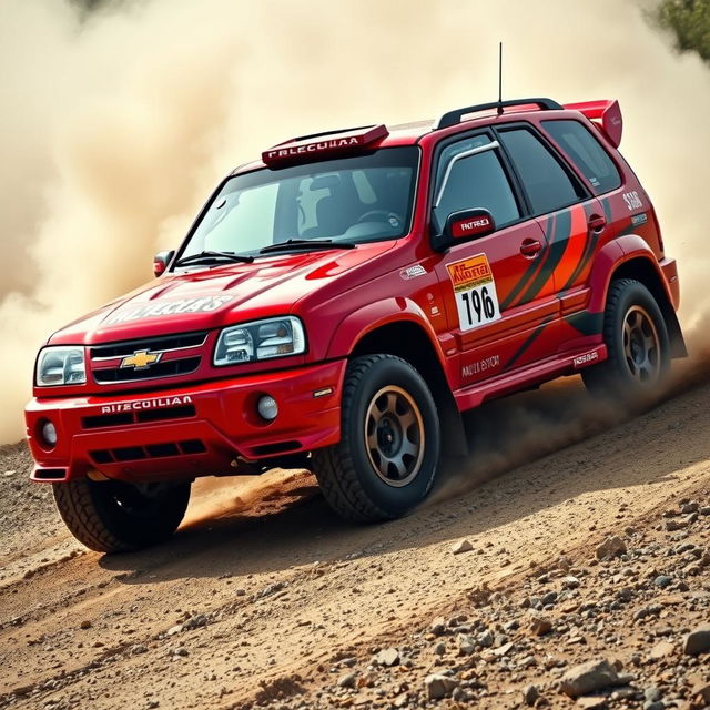 A stunning red 2005 Chevy Grand Vitara, transformed into a rally car inspired by World Rally Championship (WRC) designs