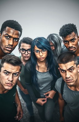 A popular group of five college students, all looking angry and standing together in a foggy background