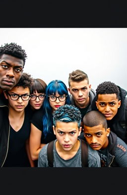 A popular group of five college students, all looking angry and standing together in a foggy background