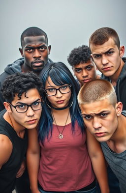 A popular group of five college students, all looking angry and standing together in a foggy background