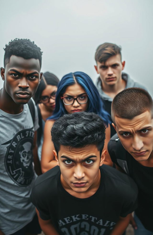 A popular group of five college students, all looking angry and standing together in a foggy background