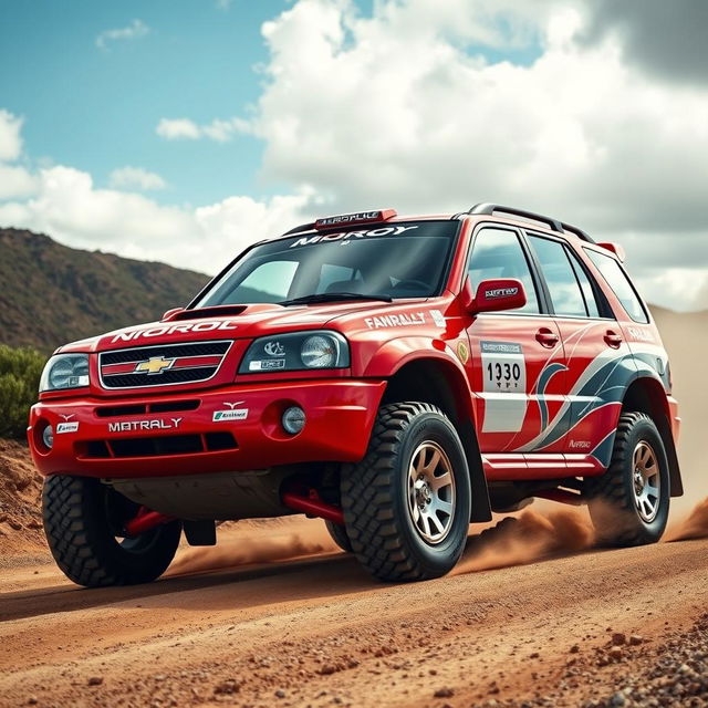 A striking red rally car inspired by WRC, featuring a four-door 2005 Chevy Grand Vitara design