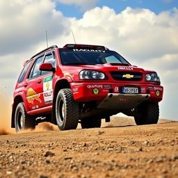 A striking red rally car inspired by WRC, featuring a four-door 2005 Chevy Grand Vitara design