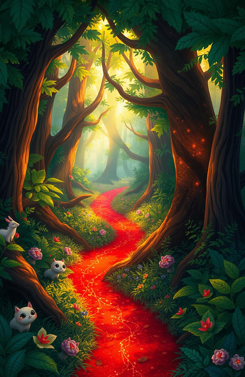 A captivating illustration featuring a mystical red trail winding through a dense, enchanted forest